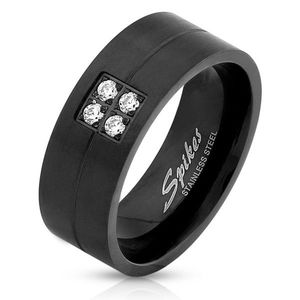 Prsten z oceli v černé barvě - čtyři blýskavé zirkony, 8 mm - Velikost: 62 obraz