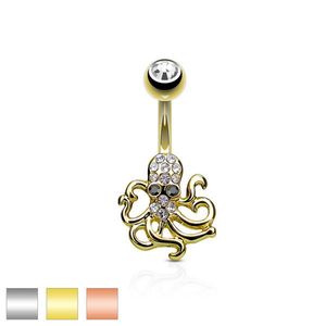 Ocelový piercing do bříška - chobotnička, čiré a černé zirkony - Barva piercing: Zlatá obraz
