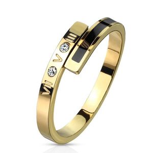 Ocelový prsten ve zlaté barvě - černý proužek, dva čiré zirkony, římské číslice, 2 mm - Velikost: 48 obraz