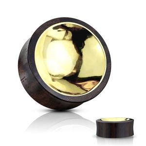 Plug do ucha ze dřeva Sono hnědočerné barvy - kroužek zlaté barvy - Tloušťka : 10 mm obraz