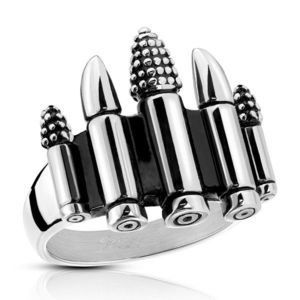 Patinovaný ocelový prsten stříbrné barvy - pět nábojnic, 4 mm - Velikost: 60 obraz