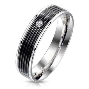 Ocelový prsten s černým pásem - kulatý zirkon čiré barvy, lesklé okrajové linie, 6 mm - Velikost: 59 obraz