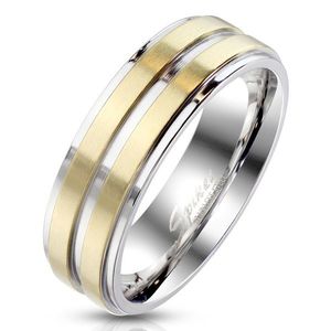 Ocelový prsten stříbrné barvy - ozdobený dvěma proužky ve zlatém provedení, 6 mm - Velikost: 57 obraz