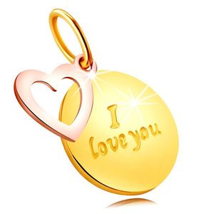 Přívěsek z kombinovaného 585 zlata - kulatá známka s nápisem "I love you", kontura srdce obraz