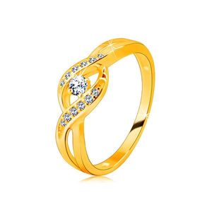 Zlatý prsten ze 14K zlata - tenká propletená ramena se zirkony, kulatý blýskavý zirkon - Velikost: 49 obraz