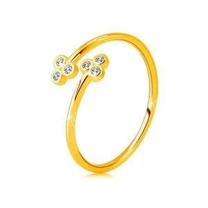 Zlatý 585 prsten s úzkými rameny - dva trojlístky s čirými kulatými zirkony - Velikost: 49 obraz