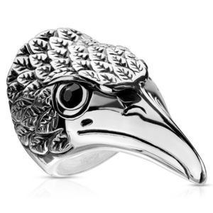 Ocelový prsten, mohutná hlava orla - černé zirkony, rýhované patinované peří - Velikost: 60 obraz