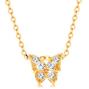 Zlatý 14K náhrdelník - lesklý řetízek, motýl zdobený čirými zirkony obraz