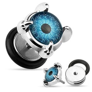 Fake ocelový plug do ucha - modré oko v drápech, kolečko s gumičkou obraz