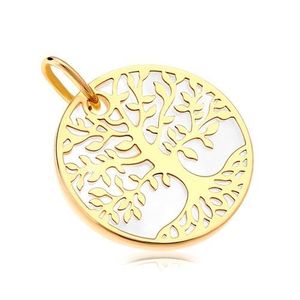 Přívěsek ve žlutém zlatě 585 - bílý perleťový kruh se stromem života obraz