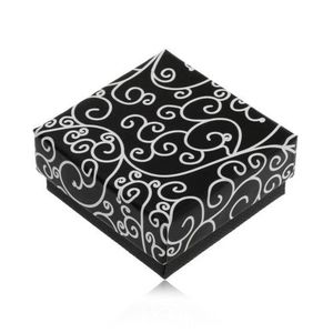 Papírová černá krabička na náušnice nebo přívěsek, bílé spirálovité ornamenty obraz
