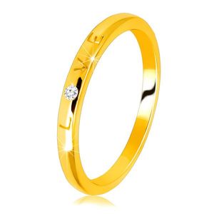 Diamantový prsten ve žlutém 14K zlatě - nápis "LOVE" s briliantem, hladký povrch, 1, 5 mm - Velikost: 51 obraz