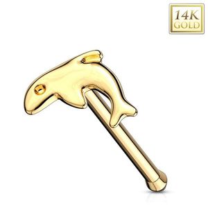 Rovný piercing do nosu ve žlutém zlatě 585 - malý lesklý delfín obraz