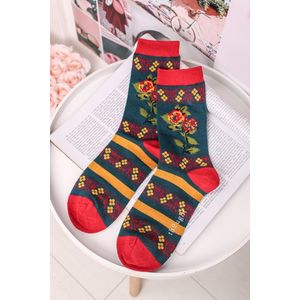 Tyrkysově-červené ponožky Folk Floral Socks obraz