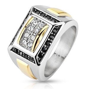 Ocelový prsten stříbrné a zlaté barvy, černé a čiré zirkony, obdélníky - Velikost: 56 obraz