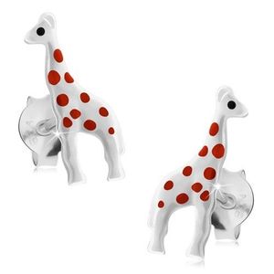 Stříbrné náušnice 925, lesklá bílá žirafa s červenými tečkami, puzetky obraz