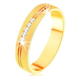 Prsten ve žlutém 14K zlatě se saténovým povrchem, dvojitý zářez, čiré zirkony - Velikost: 50 obraz