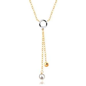Zlatý 14K náhrdelník - bílá perla a lesklá kulička na řetízcích obraz