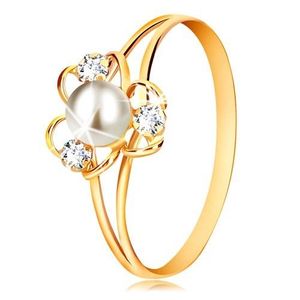 Prsten v 9K žlutém zlatě - květ se třemi okvětními lístky, bílou perlou a čirými zirkony - Velikost: 65 obraz