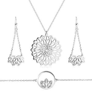 Stříbrný trojset 925 - náhrdelník, náramek, náušnice, motiv květu s vykrojenými okvětními lístky obraz