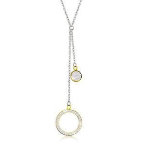 Ocelový náhrdelník - velký obrys kruhu s krystalky, plochý kroužek, přívěsky ve zlaté barvě obraz