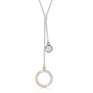 Ocelový náhrdelník - velký obrys kruhu s krystalky, plochý kroužek, přívěsky v měděné barvě obraz