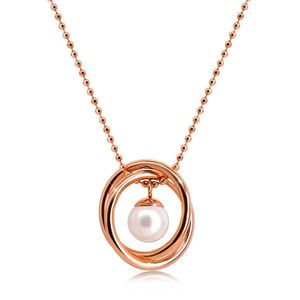 Ocelový náhrdelník v měděné barvě - kuličkový řetízek, dva zkřížené kruhy, perleťová kulička obraz