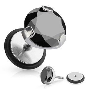 Falešný piercing do ucha z chirurgické oceli - kulatý černý zirkon, gumička - Průměr: 10 mm obraz