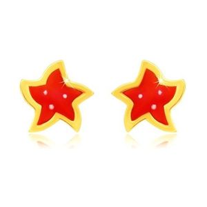 Zlaté náušnice 14K - hvězda s pěti cípy, červenou glazurou a bílými tečkami obraz