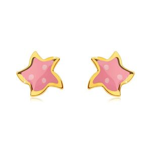 Náušnice ve žlutém zlatě 585 - hvězda s pěti cípy, růžovou glazurou a třemi tečkami obraz