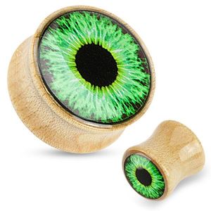 Plug do ucha ze dřeva - světle hnědá barva, průhledná glazura, zelené oko - Tloušťka : 12 mm obraz