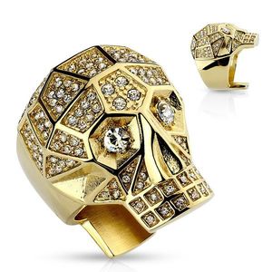 Mohutný prsten z oceli 316L, zlatá barva, lebka, čiré křišťály - Velikost: 60 obraz