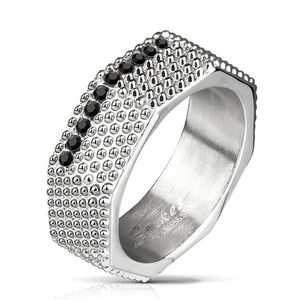 Ocelový prsten - industriální styl, mohutný šroub s výčnělky a černými zirkony - Velikost: 59 obraz