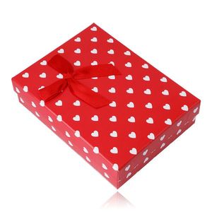 Dárková krabička na řetízek nebo soupravu – bílá srdíčka, červený podklad obraz