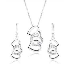 Stříbrný set 925, náušnice a náhrdelník - siluety tří propojených srdcí, čiré zirkony obraz