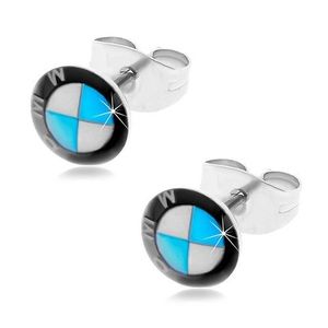 Kruhové ocelové náušnice - černo-bílo-modré logo automobilky, puzetky obraz
