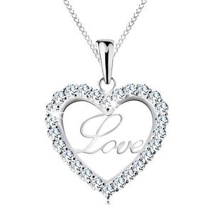 Stříbrný náhrdelník 925, tenký řetízek, třpytivá kontura srdce, nápis Love obraz