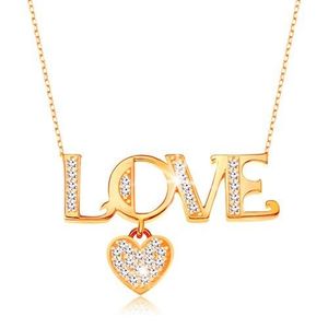 Blýskavý zlatý náhrdelník 375 - řetízek z oválných oček, nápis LOVE a srdíčko obraz