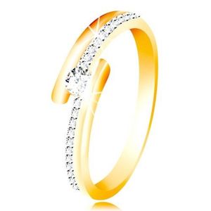 Zlatý prsten 585 - rozdvojená ramena s kombinací bílého zlata, vystouplý kulatý zirkon čiré barvy - Velikost: 60 obraz
