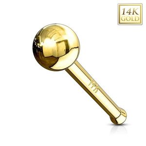 Rovný zlatý 14K piercing do nosu - lesklá hladká kulička, žluté zlato - Tloušťka piercingu: 0, 8 mm obraz