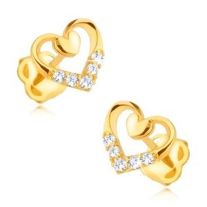 Diamantové náušnice ve 14K zlatě - obrys srdce s menším srdíčkem a brilianty obraz