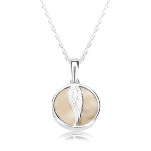 Stříbrný náhrdelník 925 - andělské křídlo, lesklý kruh, mramorová glazura krémové barvy obraz