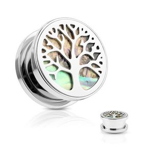 Ocelový tunel do ucha, strom života, kruh z mušle Abalone, stříbrná barva - Tloušťka : 10 mm obraz