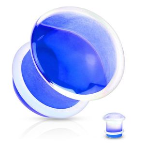 Plug do ucha, čiré sklo, vypouklý tvar v modrém zakončení, brzdicí gumička - Tloušťka : 10 mm obraz