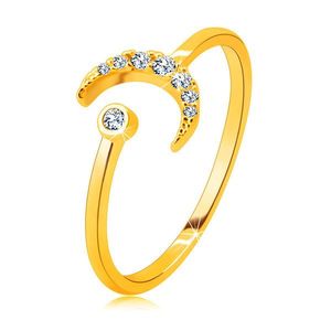 Prsten z 9K zlata - měsíc ozdobený zirkony, kulatý zirkon v objímce, otevřená ramena - Velikost: 56 obraz