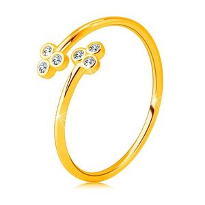 Zlatý 375 prsten s úzkými rameny - dva trojlístky s čirými kulatými zirkony - Velikost: 49 obraz