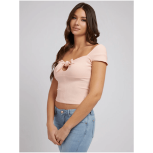 Světle růžové dámské žebrované cropped tričko s mašlí Guess Valeriana obraz