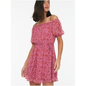 Růžové dámské vzorované krátké šaty s odhalenými rameny Trendyol obraz