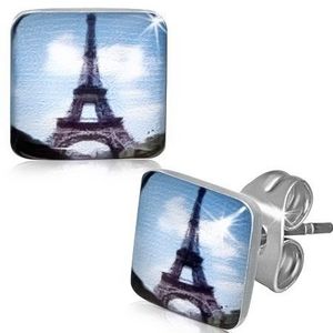Čtvercové ocelové náušnice s Eiffelovou věží obraz