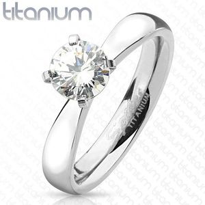Zásnubní prsten z titanu, stříbrná barva, kulatý čirý zirkon, lesklá ramena - Velikost: 49 obraz